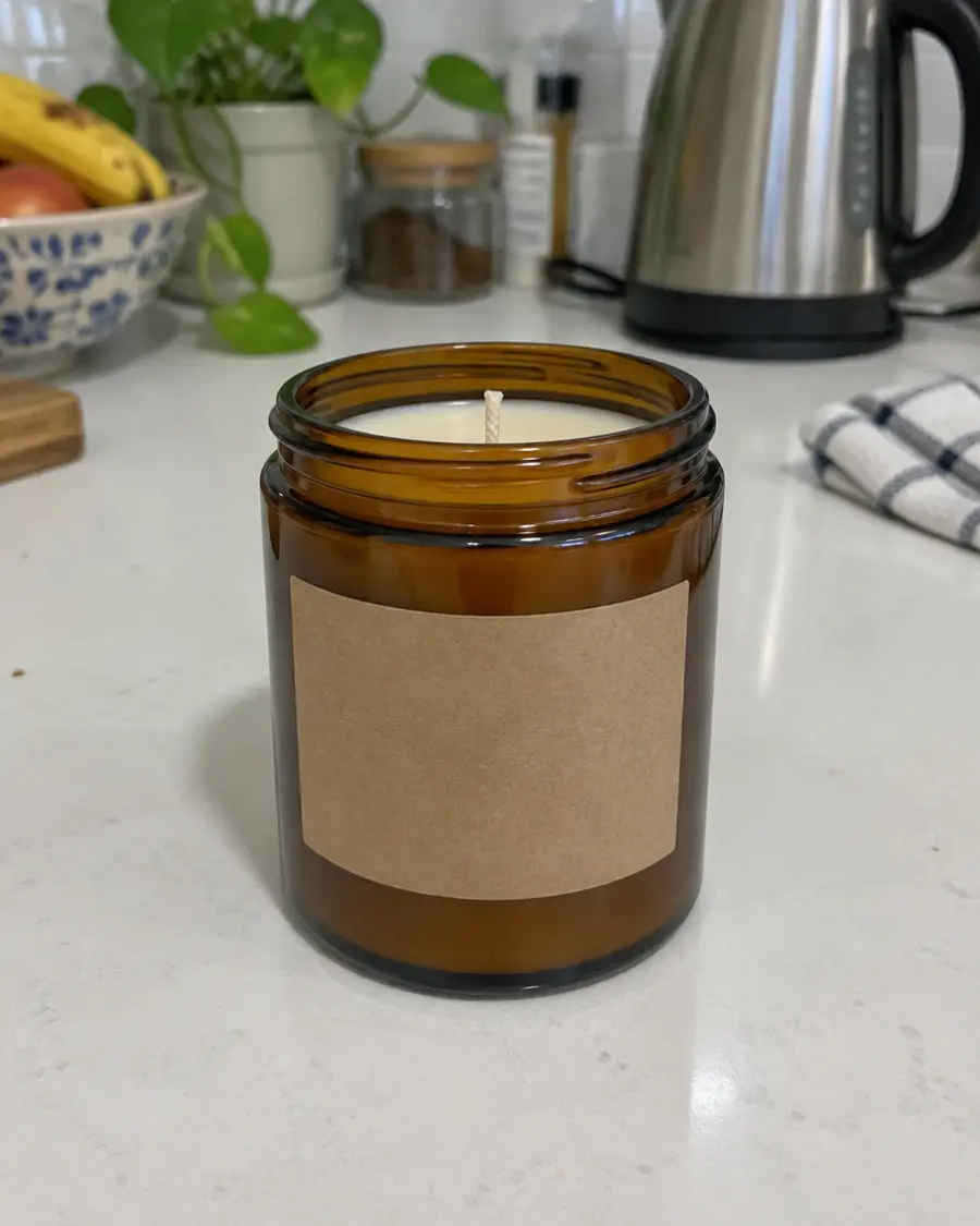 The phone photo: an amber candle on a kitchen counter