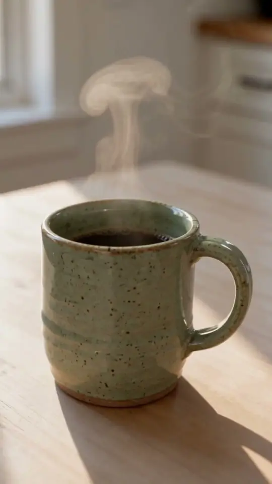 The ceramic mug styled, in a bright kitchen