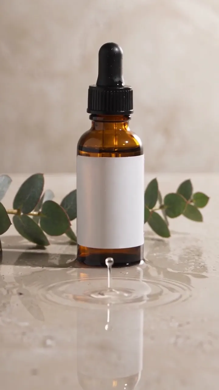 The face serum styled, on wet stone with eucalyptus