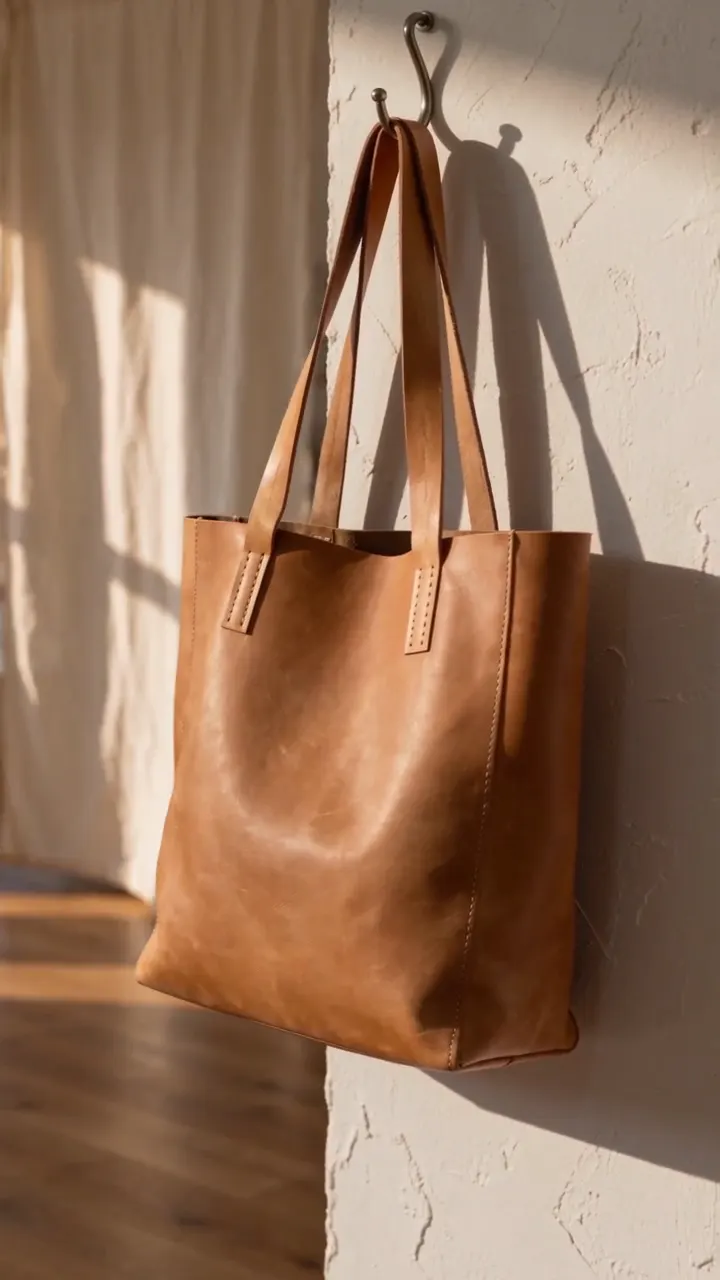The leather bag styled, hanging on a hook in window light