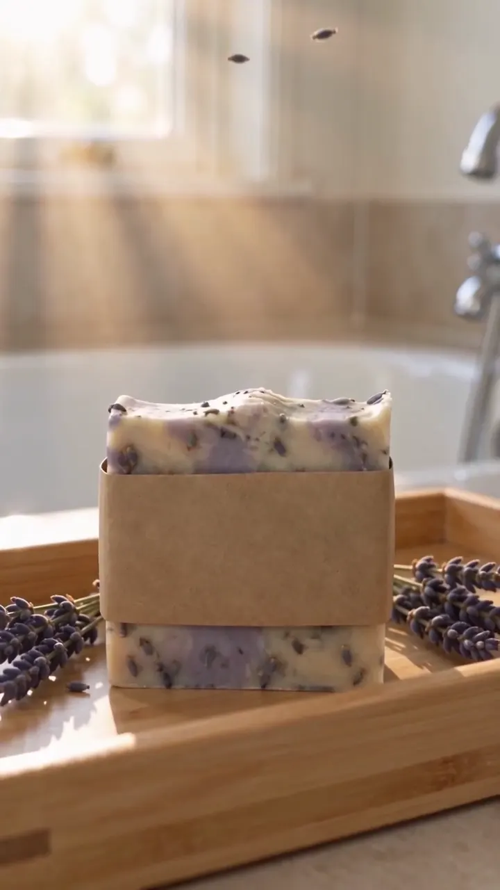 The lavender soap styled, on a bath tray