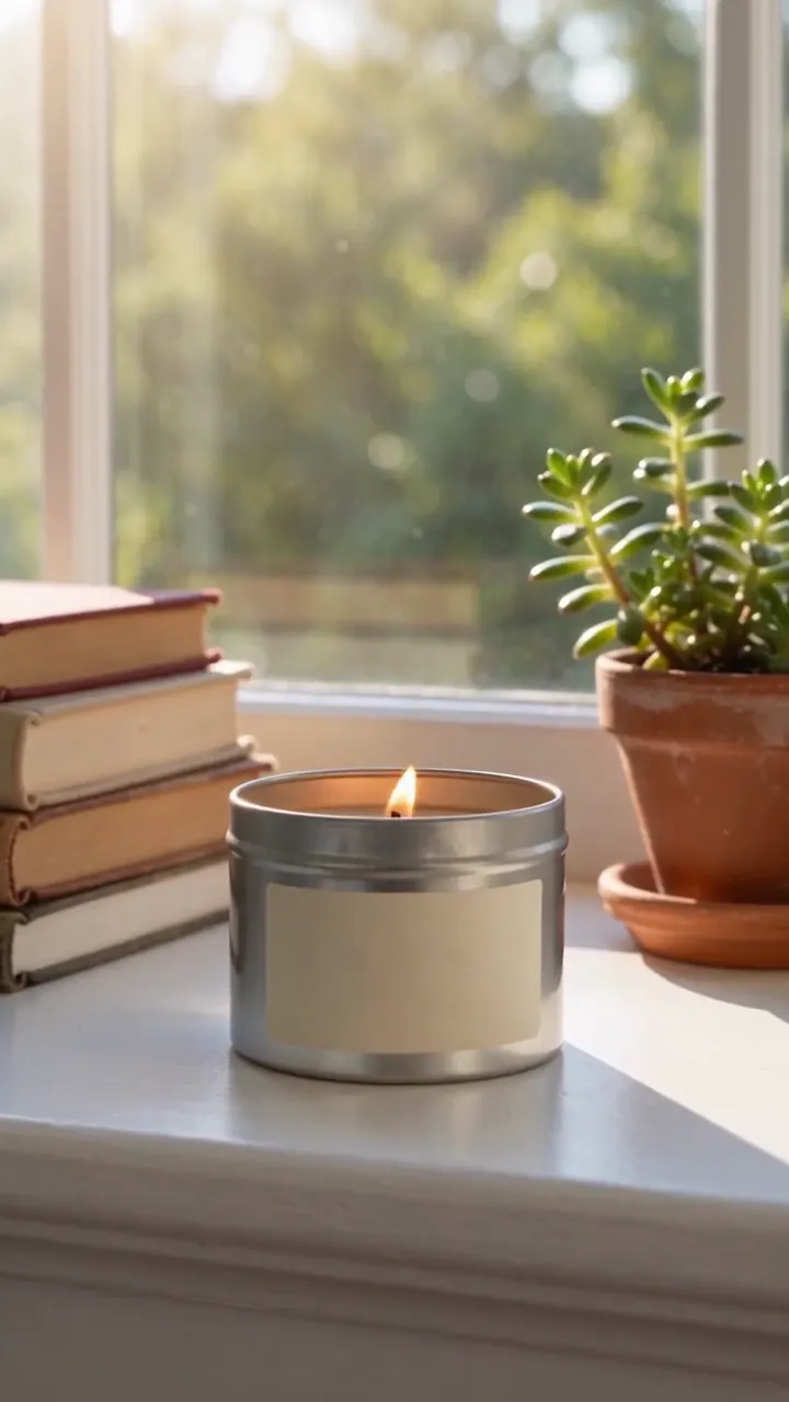 The candle tin styled, on a sunny windowsill