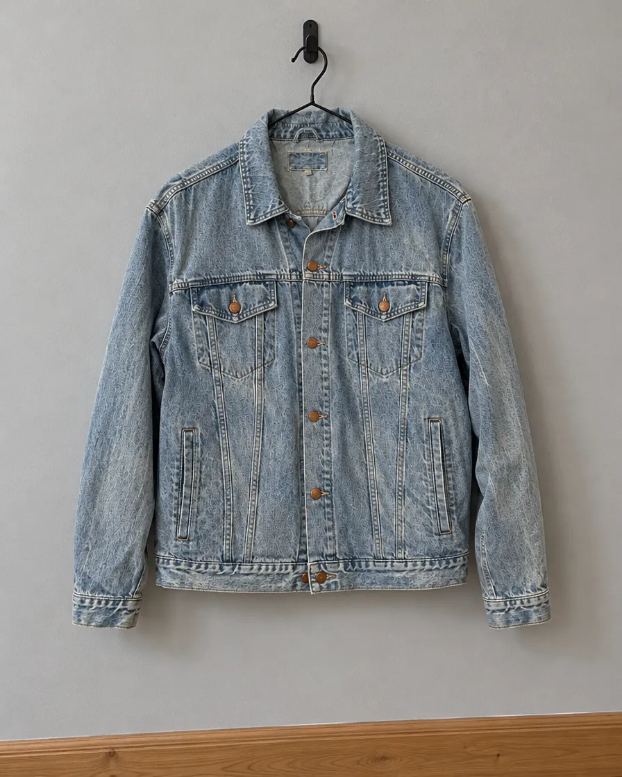 The same jacket on a black hanger on a wall hook in a hallway