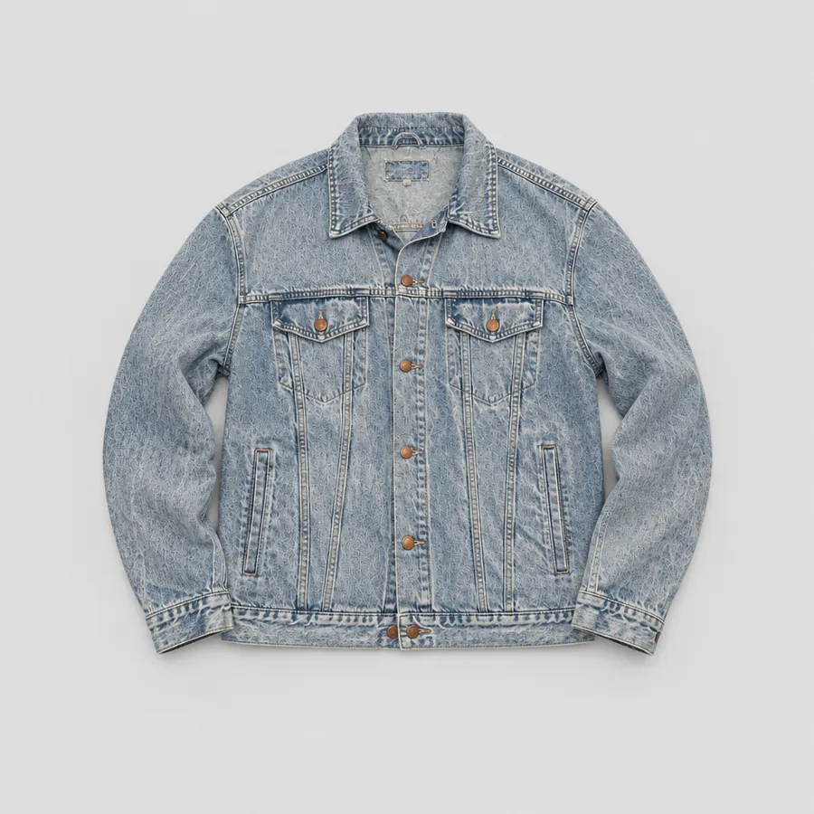 The same jacket laid flat on a light grey studio backdrop