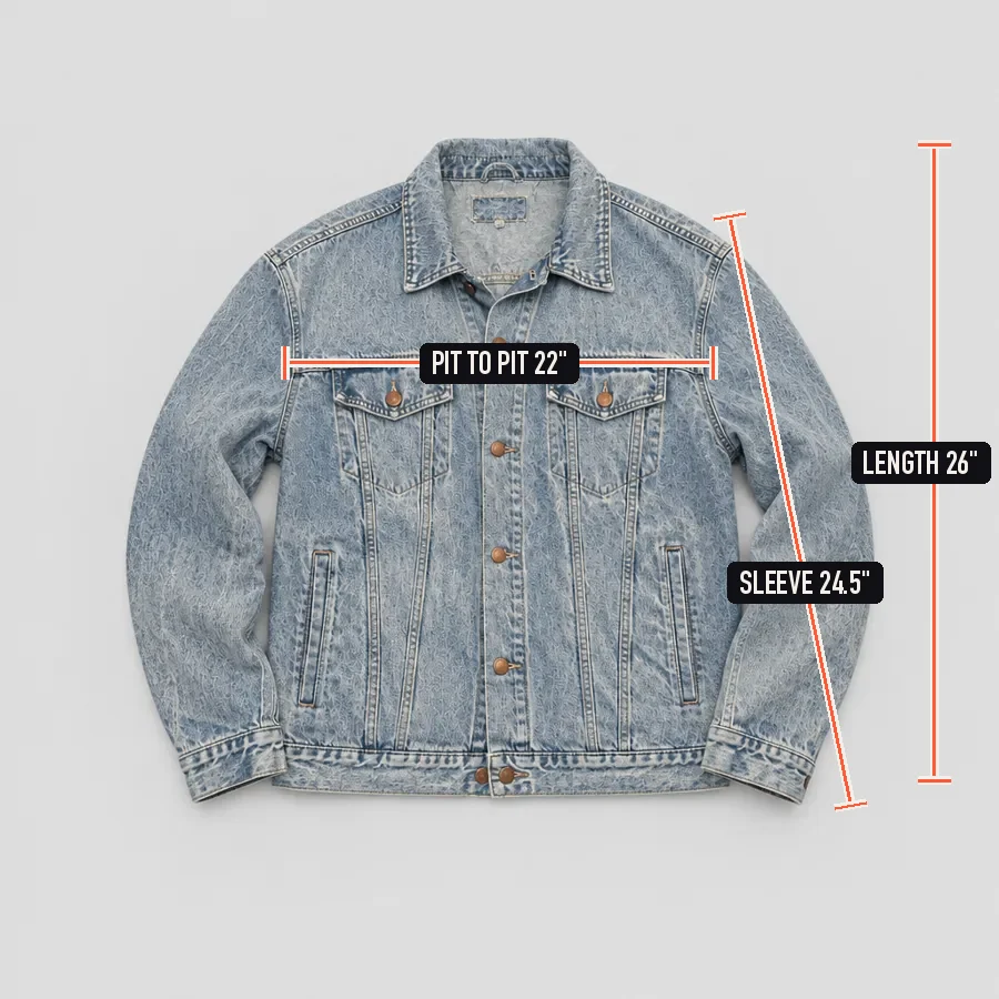 The same jacket on a plain background with pit to pit 22 inches, length 26 inches and sleeve 24.5 inches drawn on