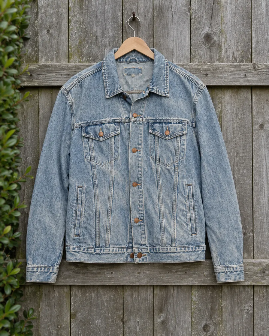 The same jacket on a wooden hanger on a garden fence